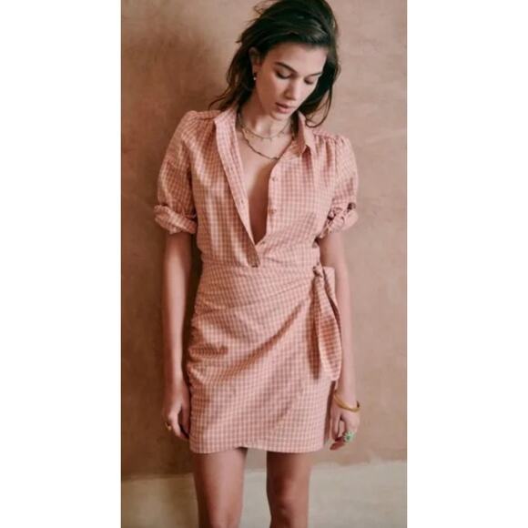 Sezane Dresses & Skirts - Sezane | Sézane | Jamy Dress Pink Check Print Faux Wrap | Sz 36 / US 4